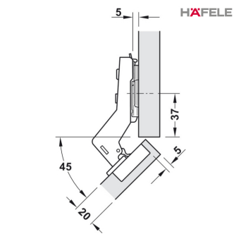 Hafele 110° Soft-close Hinge for 45° Angle Cabinets Specifications