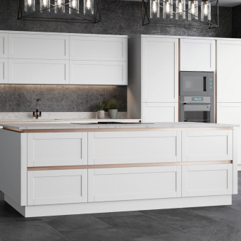 Stratto White Shaker Kitchen with Rose Gold Handleless Rails