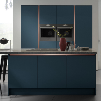 Vivo Midnight Blue Slab Kitchen with Rose Gold Handleless Rails